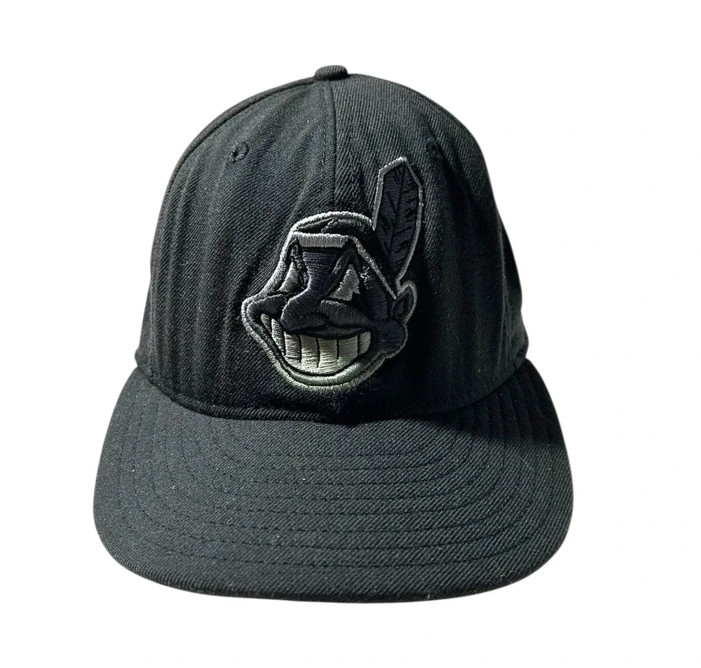 Cleveland Indians Wahoo Black New Era Fitted 59Fifty Hat 7 3/8 Wool Made In USA